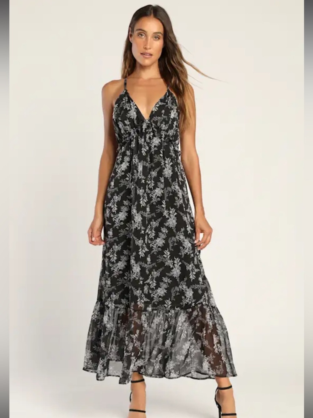 Lulus Black Make a Mark Floral Print Strappy Backless Ruffled Maxi Dress NWOT S - Picture 2 of 16